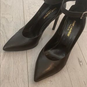 Saint Lauren ankle wrap leather point heels.